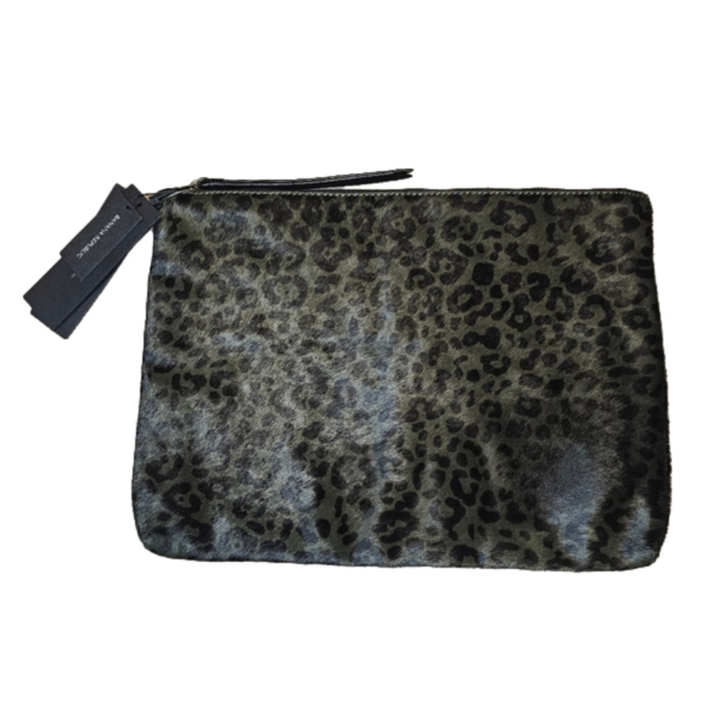 Banana Republic Calf hair green and black animal print zipper pouch NWT